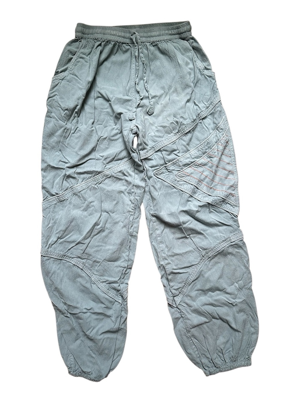Blue Grey Cotton Drawstring Jogger Pants with Orange Geometric Details